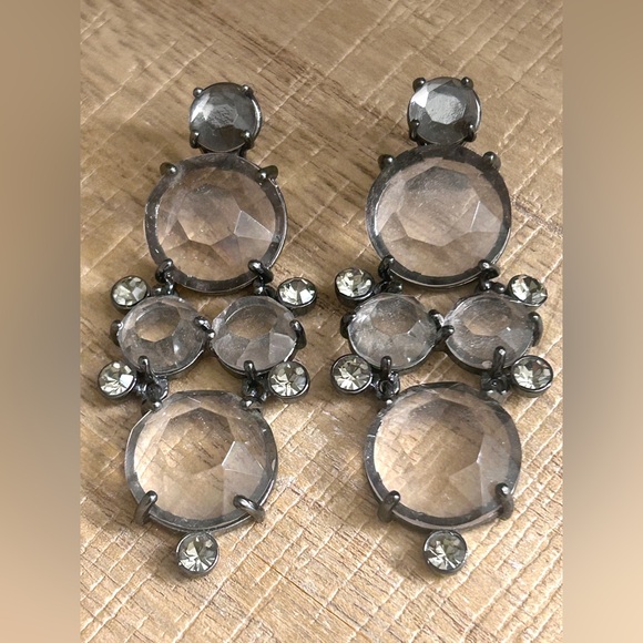 J.Crew Clear Crystal Chandelier Earrings | Smoky Gray Accents | Gunmetal - Picture 4 of 7